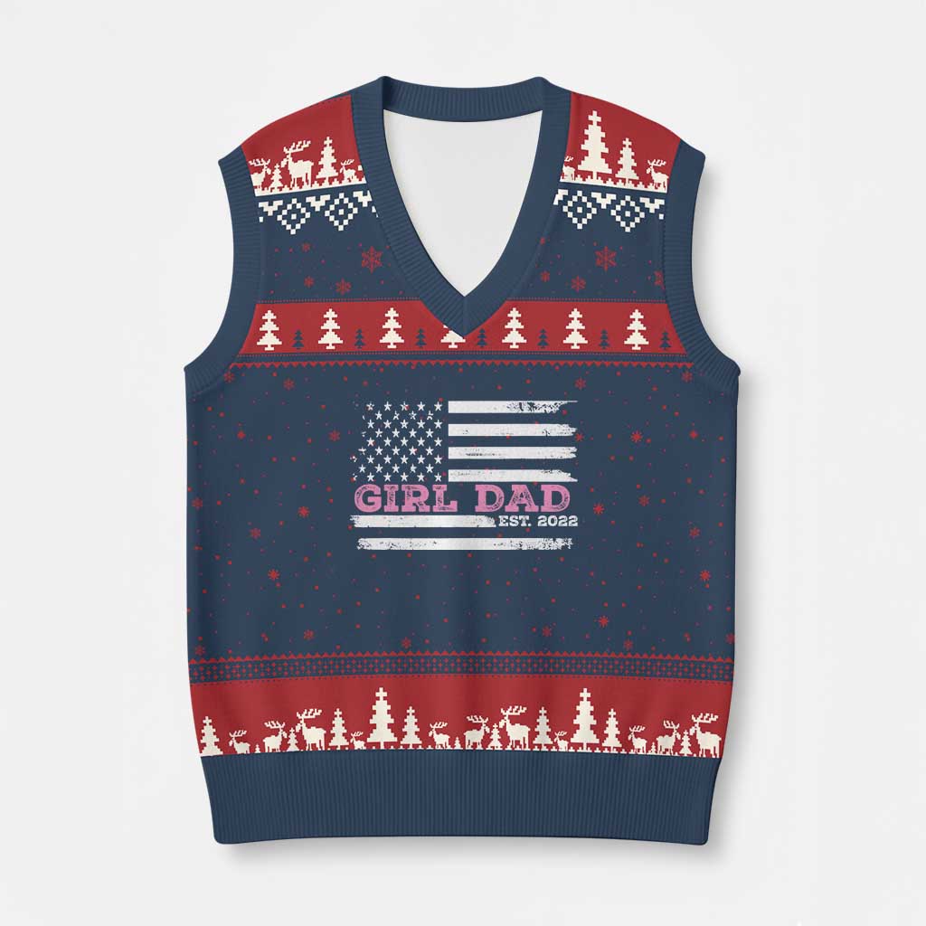 Dad Of Girl Est. 2022 V-Neck Knit Sweater Vest Father Girl To Be 2022 Daddy Fathers Day USA Flag TS10 Navy Red Print Your Wear