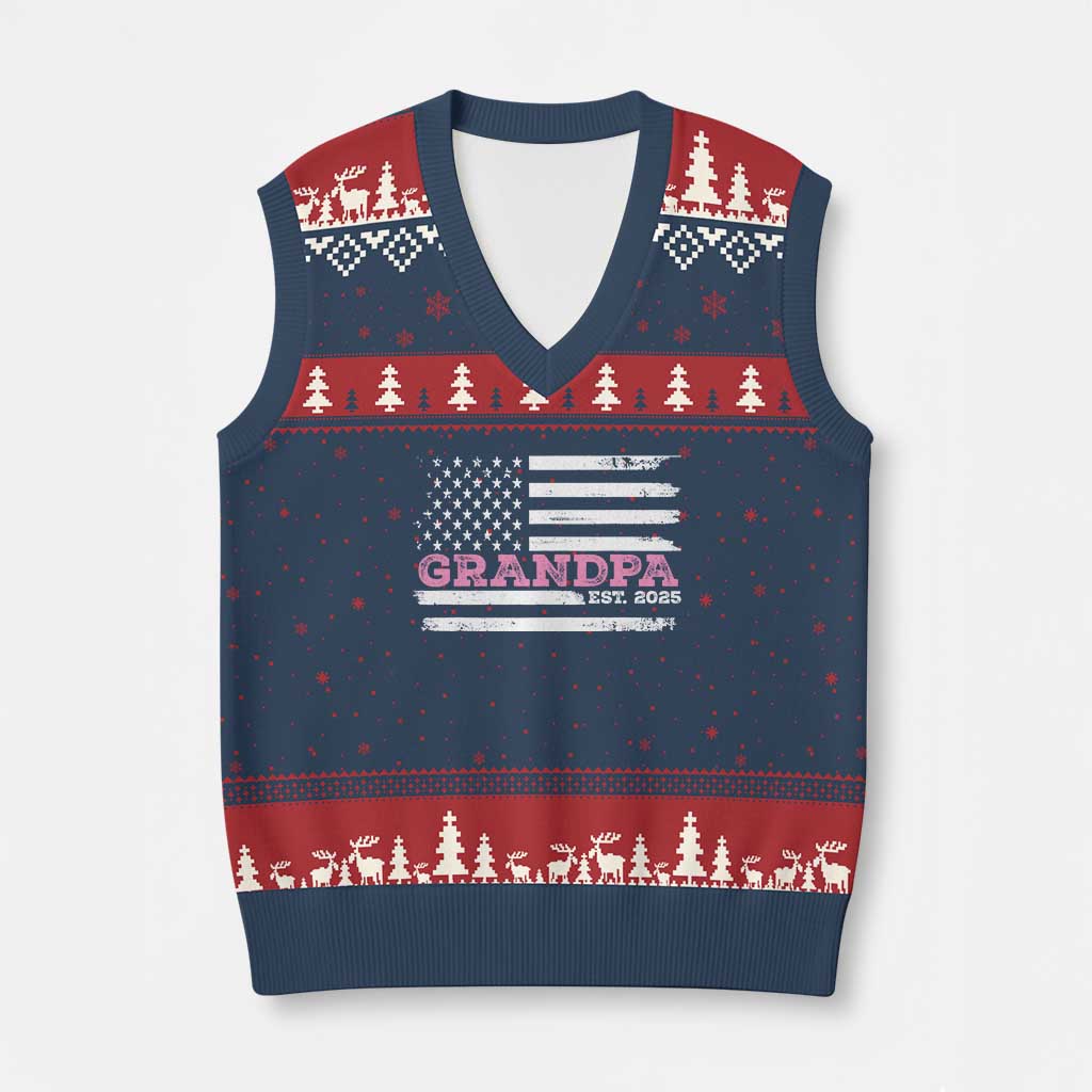Grandpa Of Girl Est. 2025 V-Neck Knit Sweater Vest Fathers Day USA Flag TS10 Navy Red Print Your Wear