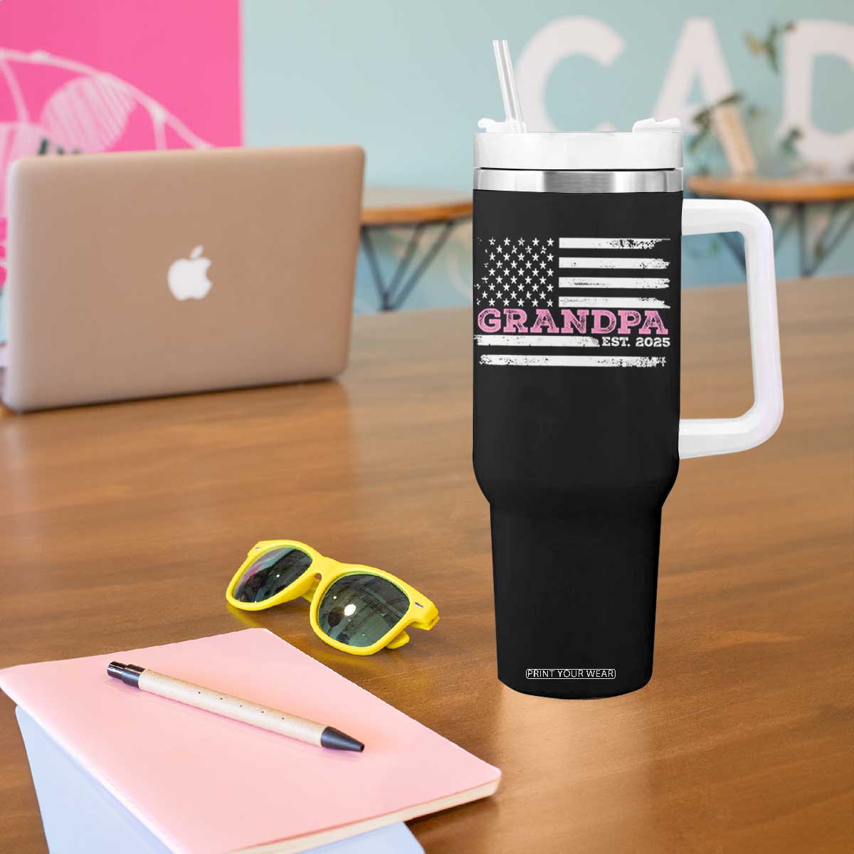 Grandpa Of Girl Est. 2025 Tumbler With Handle Fathers Day USA Flag TS10 Print Your Wear