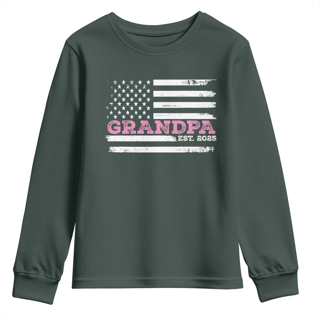 Grandpa Of Girl Est. 2025 Youth Sweatshirt Fathers Day USA Flag TS10 Dark Forest Green Print Your Wear