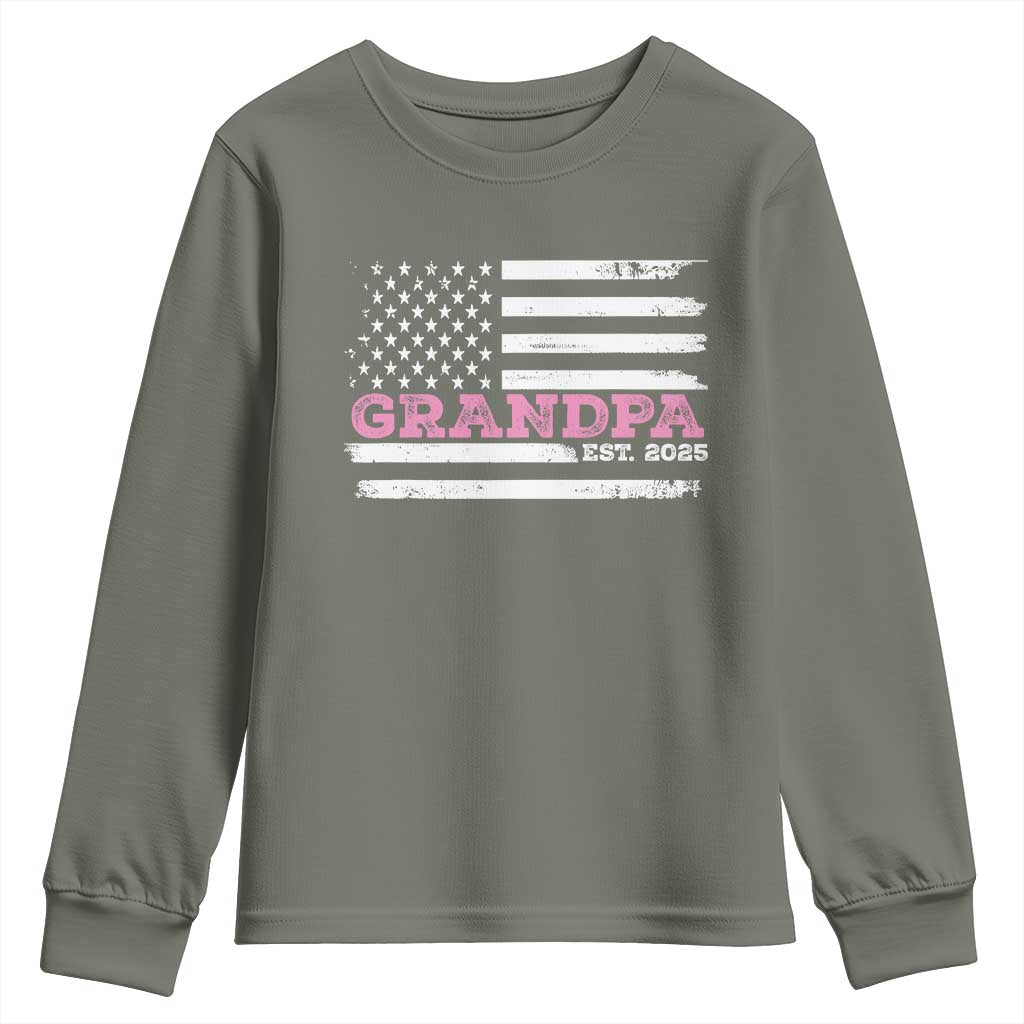Grandpa Of Girl Est. 2025 Youth Sweatshirt Fathers Day USA Flag TS10 Military Green Print Your Wear