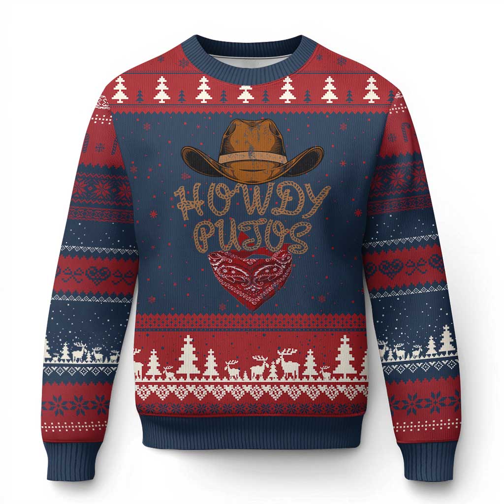 Howdy Putos Ugly Christmas Sweater Funny Western Country Rodeo Southern Retro Cowboy TS10 Navy Red Print Your Wear