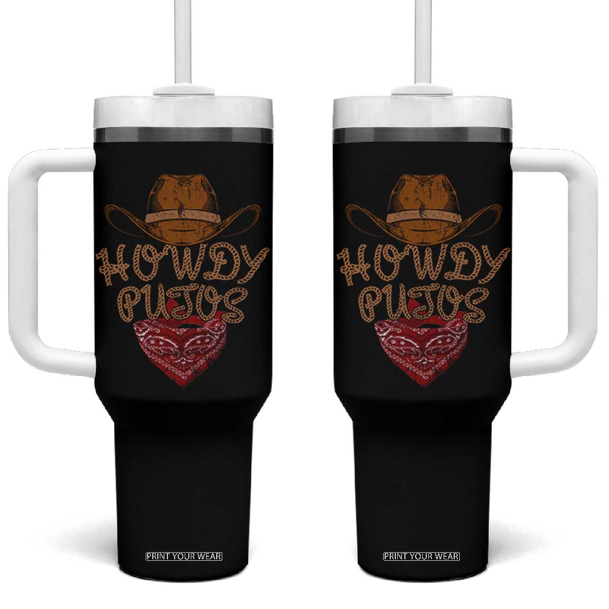 Howdy Putos Tumbler With Handle Funny Western Country Rodeo Southern Retro Cowboy TS10 One Size: 40 oz Black Print Your Wear