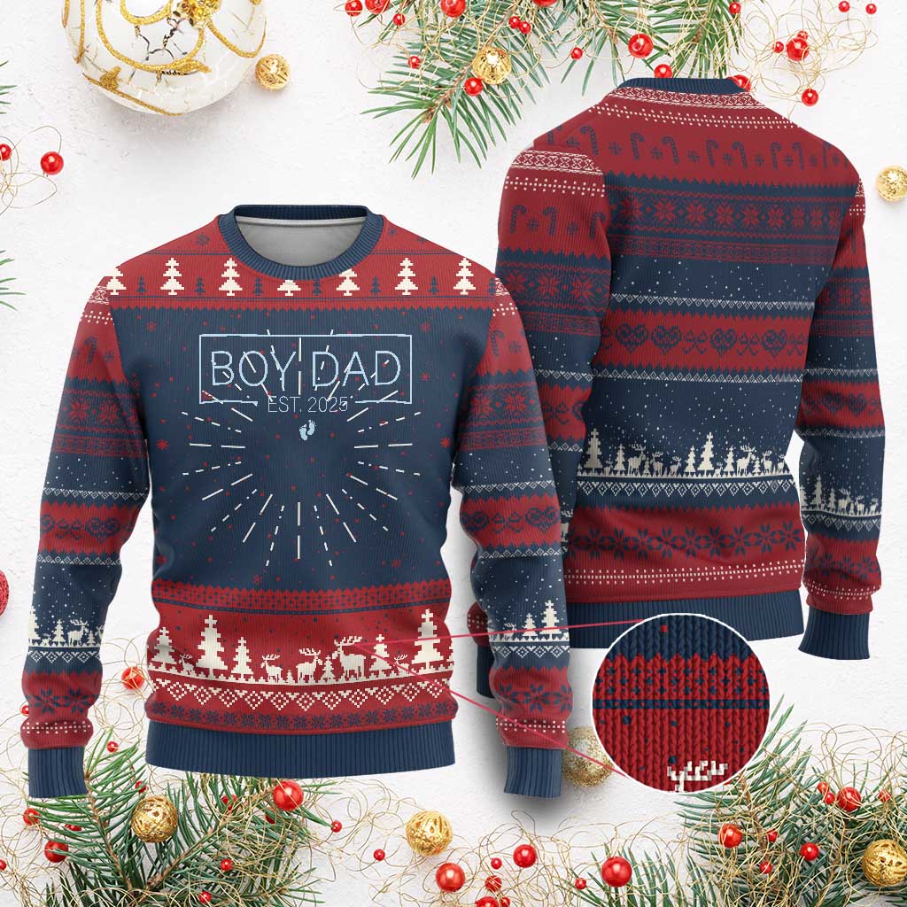 Boy Dad Est 2025 Knit Sweatshirt Daddy Of Newborn Baby Boy First Fathers Day - Print Your Wear