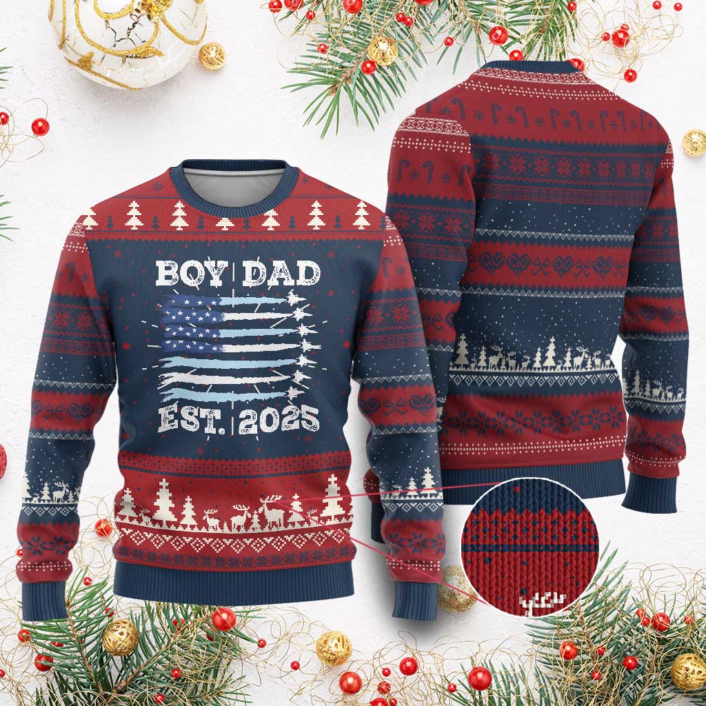 Boy Dad Est 2025 Knit Sweatshirt Daddy Of Newborn Baby Boy First Fathers Day USA Flag Fighter Jets - Print Your Wear
