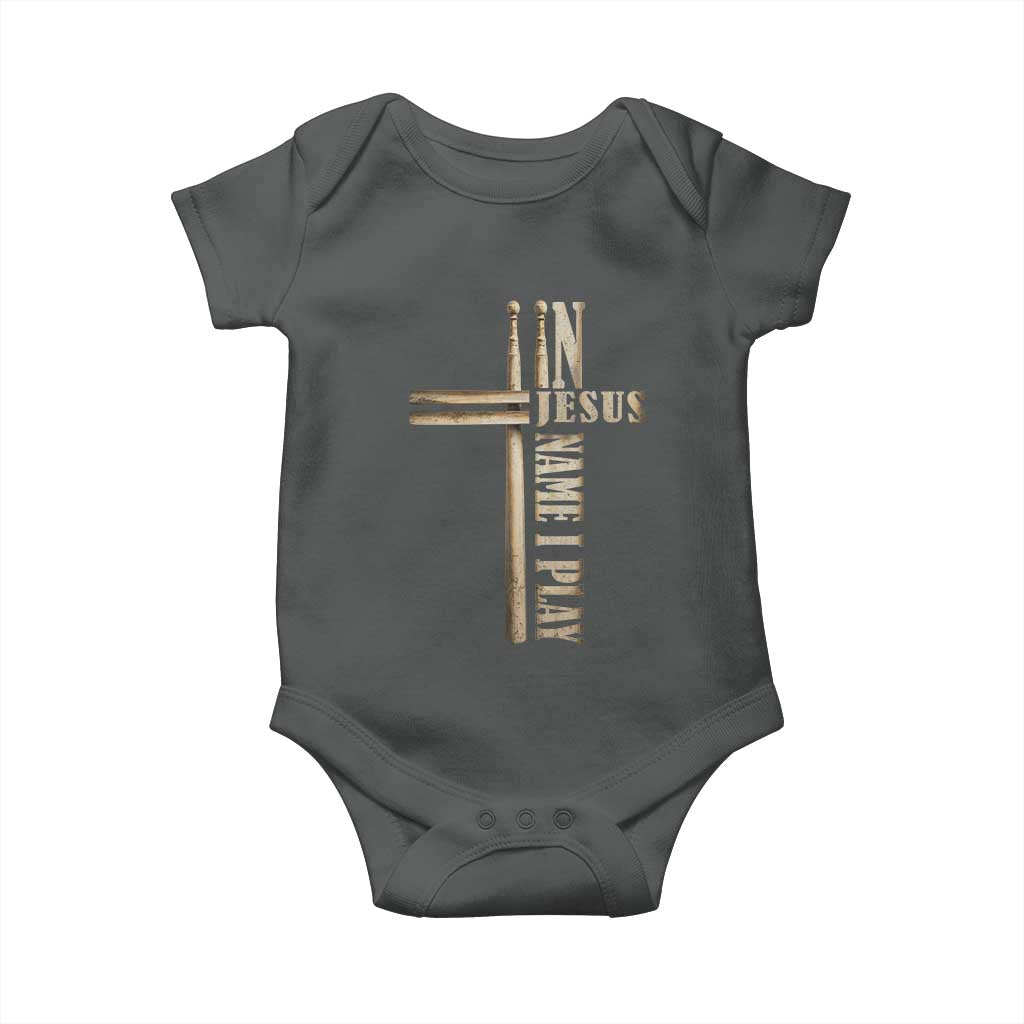 Christian Drummer Baby Onesie In Jesus Name I Play Drumstick Cross Drums Percussionist TS10 Dark Heather Print Your Wear