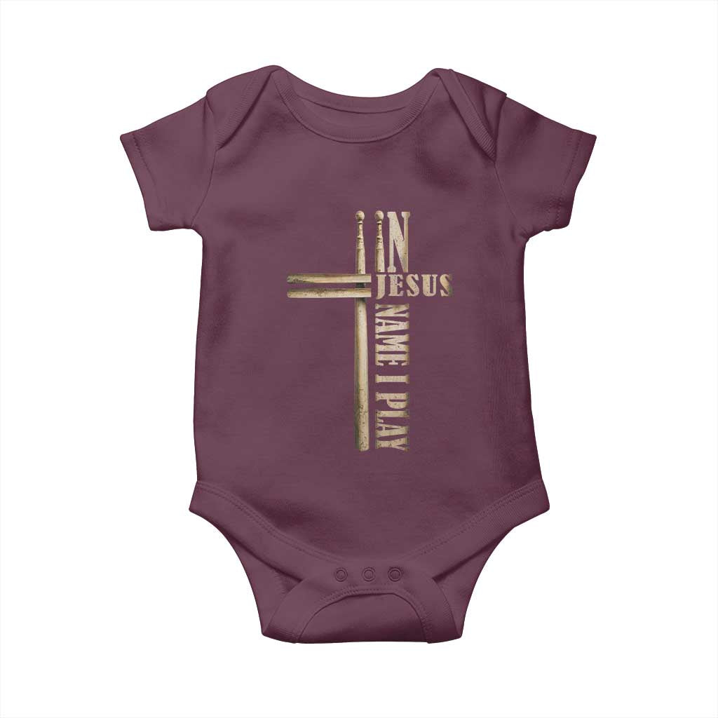 Christian Drummer Baby Onesie In Jesus Name I Play Drumstick Cross Drums Percussionist TS10 Maroon Print Your Wear