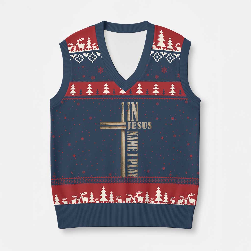 Christian Drummer V-Neck Knit Sweater Vest In Jesus Name I Play Drumstick Cross Drums Percussionist TS10 Navy Red Print Your Wear