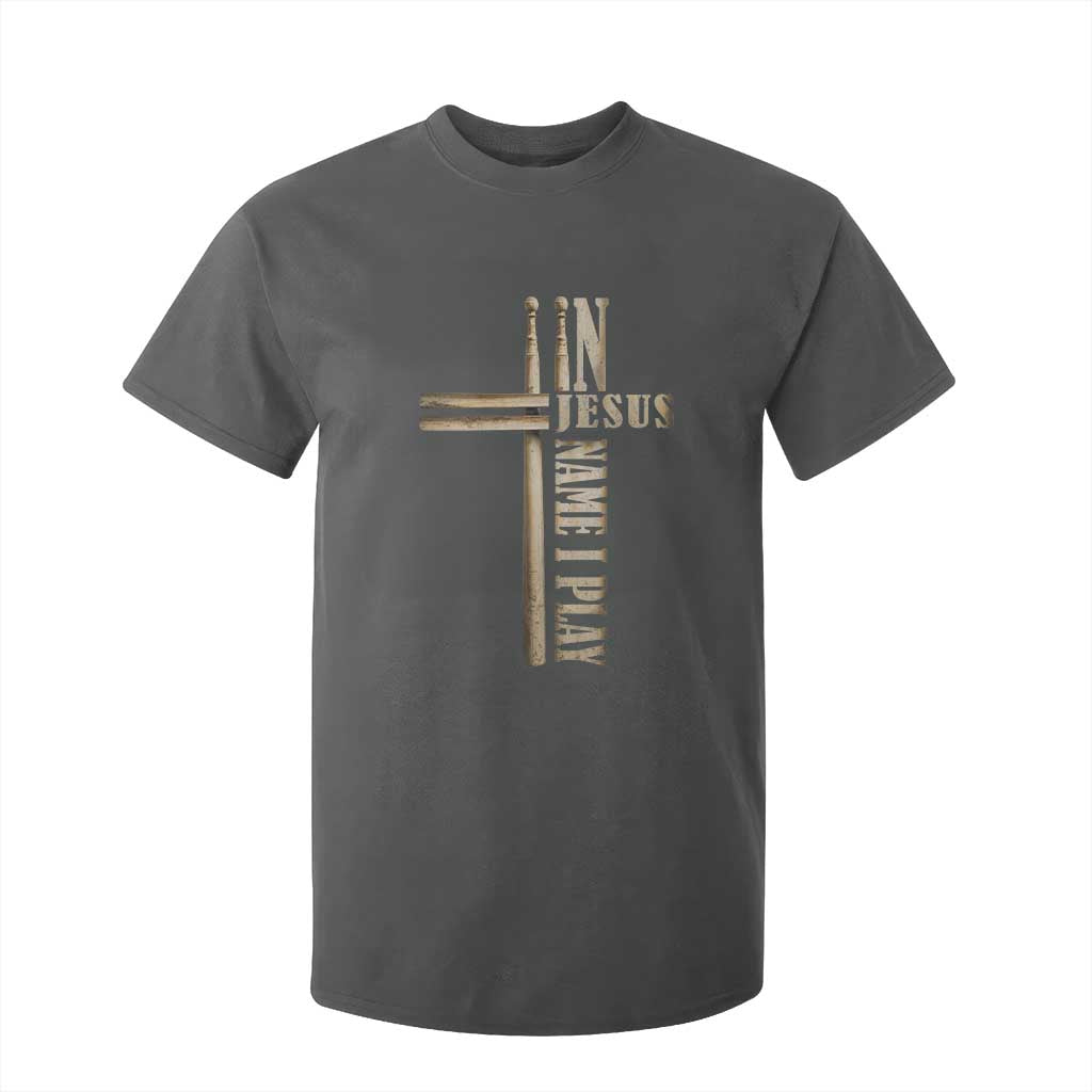 Christian Drummer T Shirt For Kid In Jesus Name I Play Drumstick Cross Drums Percussionist TS10 Dark Heather Print Your Wear