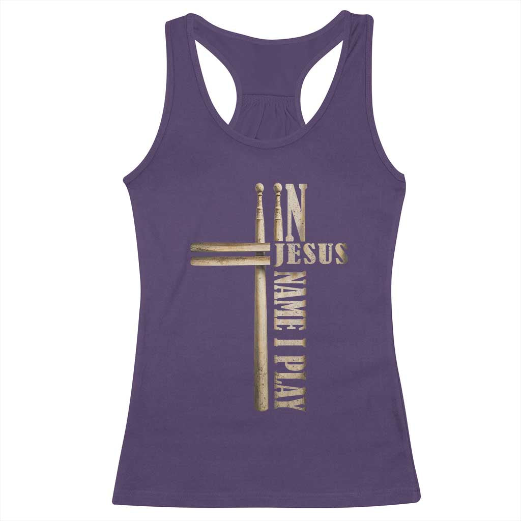 Christian Drummer Racerback Tank Top In Jesus Name I Play Drumstick Cross Drums Percussionist TS10 Purple Print Your Wear