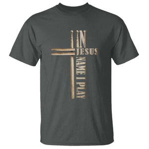 Christian Drummer T Shirt In Jesus Name I Play Drumstick Cross Drums Percussionist TS10 Dark Heather Print Your Wear