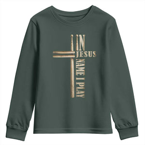 Christian Drummer Youth Sweatshirt In Jesus Name I Play Drumstick Cross Drums Percussionist TS10 Dark Forest Green Print Your Wear