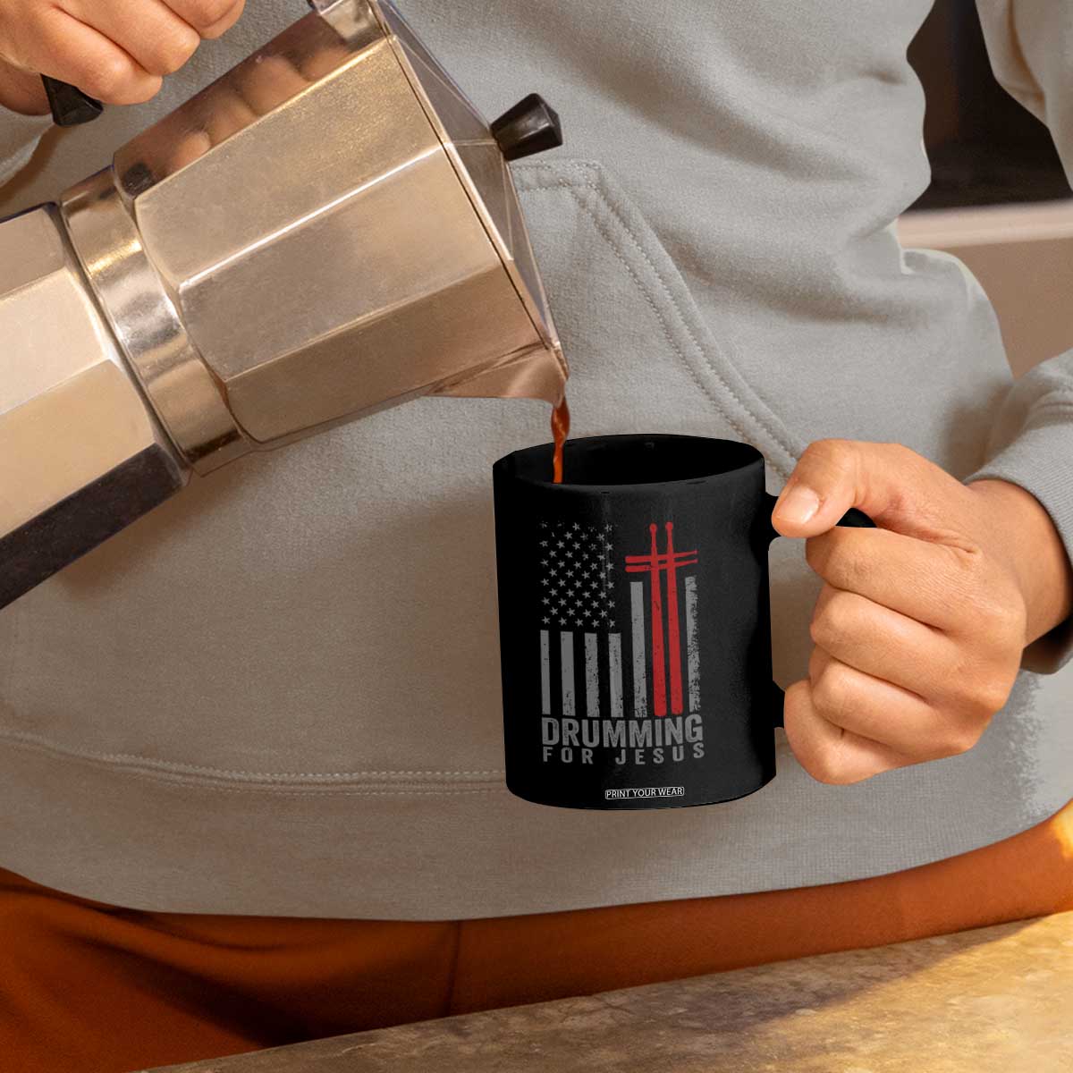 Christian Drummer Coffee Mug Drumming For Jesus Cross USA Flag Percussionist TS10 Print Your Wear