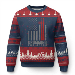 Christian Drummer Ugly Christmas Sweater Drumming For Jesus Cross USA Flag Percussionist TS10 Navy Red Print Your Wear