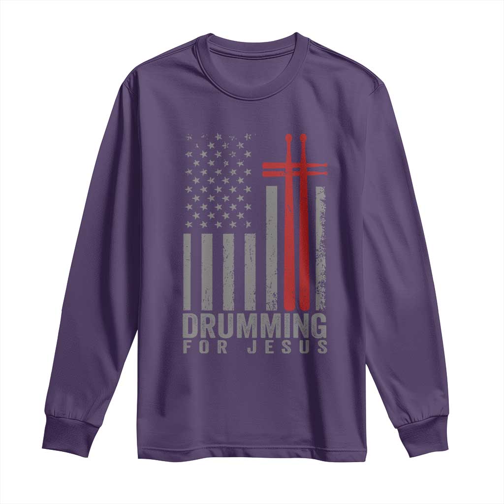 Christian Drummer Long Sleeve Shirt Drumming For Jesus Cross USA Flag Percussionist TS10 Purple Print Your Wear