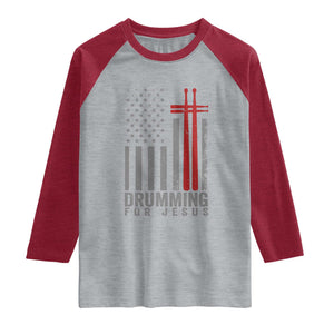 Christian Drummer Raglan Shirt Drumming For Jesus Cross USA Flag Percussionist TS10 Heather Gray Heather Red Print Your Wear