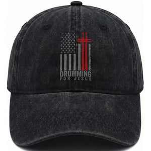 Christian Drummer Washed Cotton Baseball Cap Drumming For Jesus Cross USA Flag Percussionist TS10 Print Your Wear