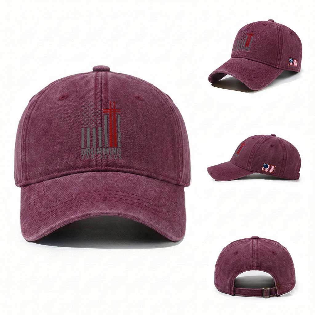 Christian Drummer Washed Cotton Baseball Cap Drumming For Jesus Cross USA Flag Percussionist TS10 Washed Cap Universal Fit Burgundy Print Your Wear
