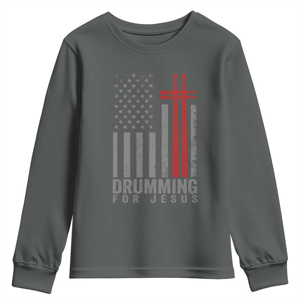 Christian Drummer Youth Sweatshirt Drumming For Jesus Cross USA Flag Percussionist TS10 Dark Heather Print Your Wear