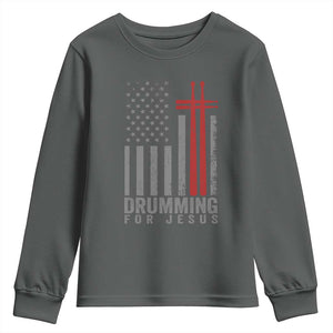 Christian Drummer Youth Sweatshirt Drumming For Jesus Cross USA Flag Percussionist TS10 Dark Heather Print Your Wear