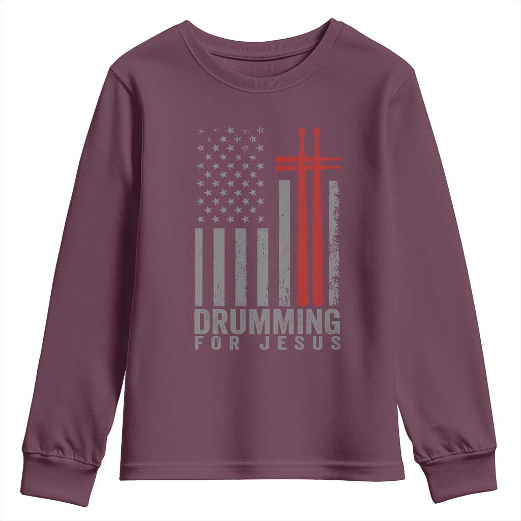 Christian Drummer Youth Sweatshirt Drumming For Jesus Cross USA Flag Percussionist TS10 Maroon Print Your Wear