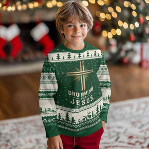 Christian Drummer Ugly Christmas Sweater Drumming For Jesus Drumstick Cross Percussionist TS10 Forest Green Beige Print Your Wear