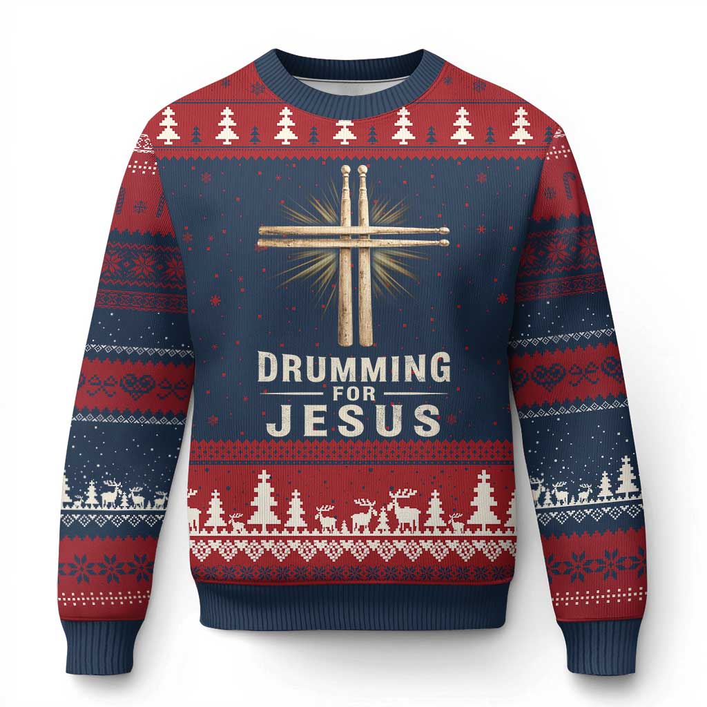 Christian Drummer Ugly Christmas Sweater Drumming For Jesus Drumstick Cross Percussionist TS10 Navy Red Print Your Wear