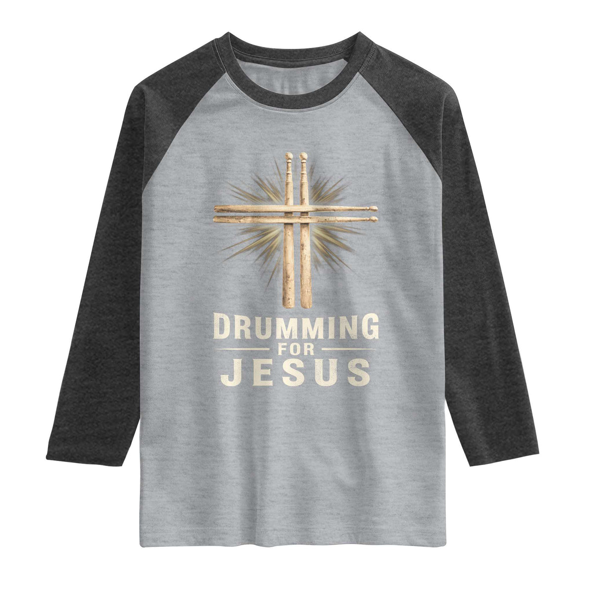 Christian Drummer Raglan Shirt Drumming For Jesus Drumstick Cross Percussionist TS10 Heather Gray Heather Charcoal Print Your Wear