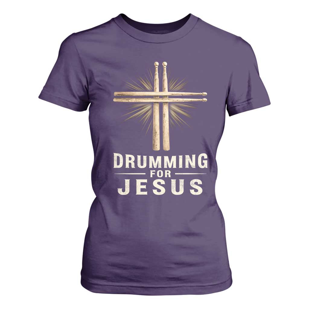 Christian Drummer T Shirt For Women Drumming For Jesus Drumstick Cross Percussionist TS10 Purple Print Your Wear