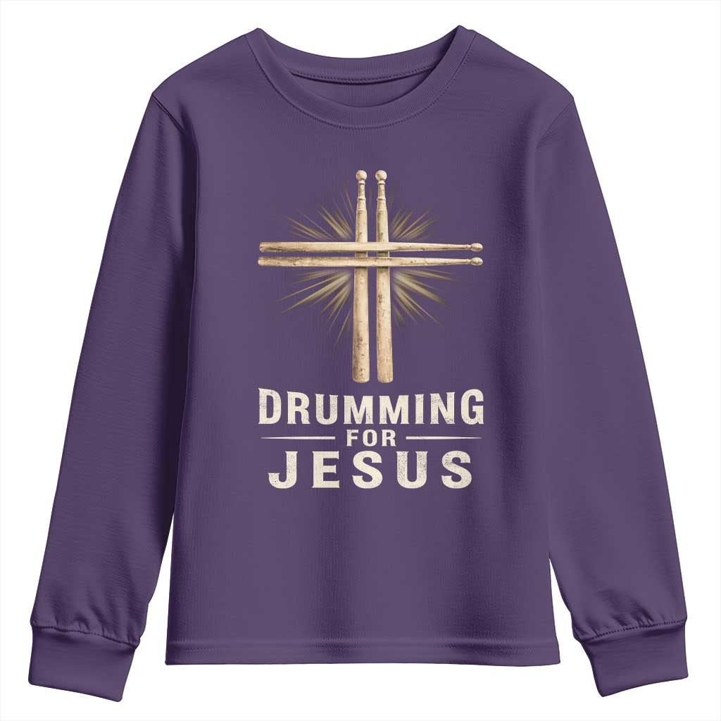 Christian Drummer Youth Sweatshirt Drumming For Jesus Drumstick Cross Percussionist TS10 Purple Print Your Wear