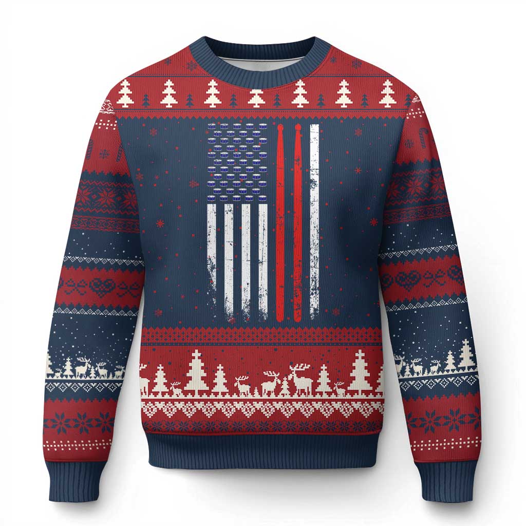 Patriotic Drummer Ugly Christmas Sweater Percussionist Gift Drumming Drumsticks American Flag TS10 Navy Red Print Your Wear