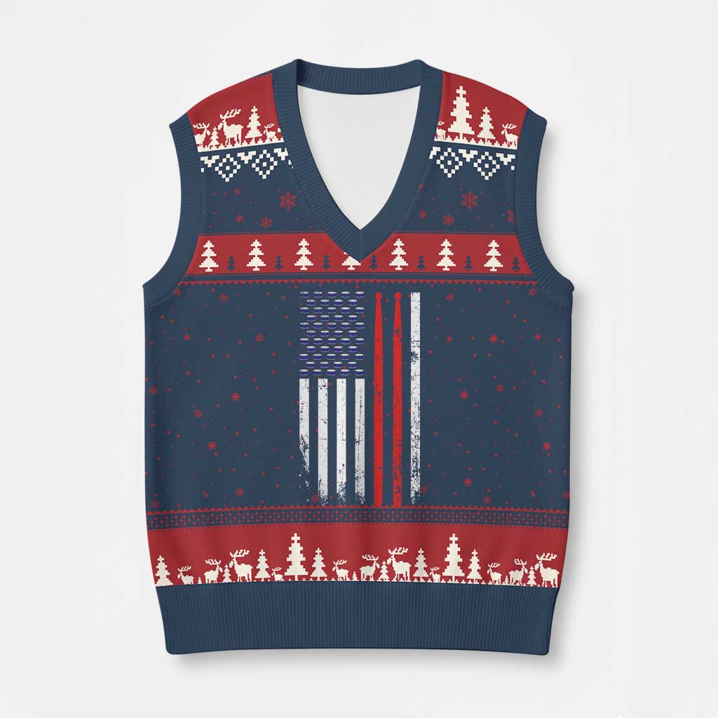 Patriotic Drummer V-Neck Knit Sweater Vest Percussionist Gift Drumming Drumsticks American Flag TS10 Navy Red Print Your Wear