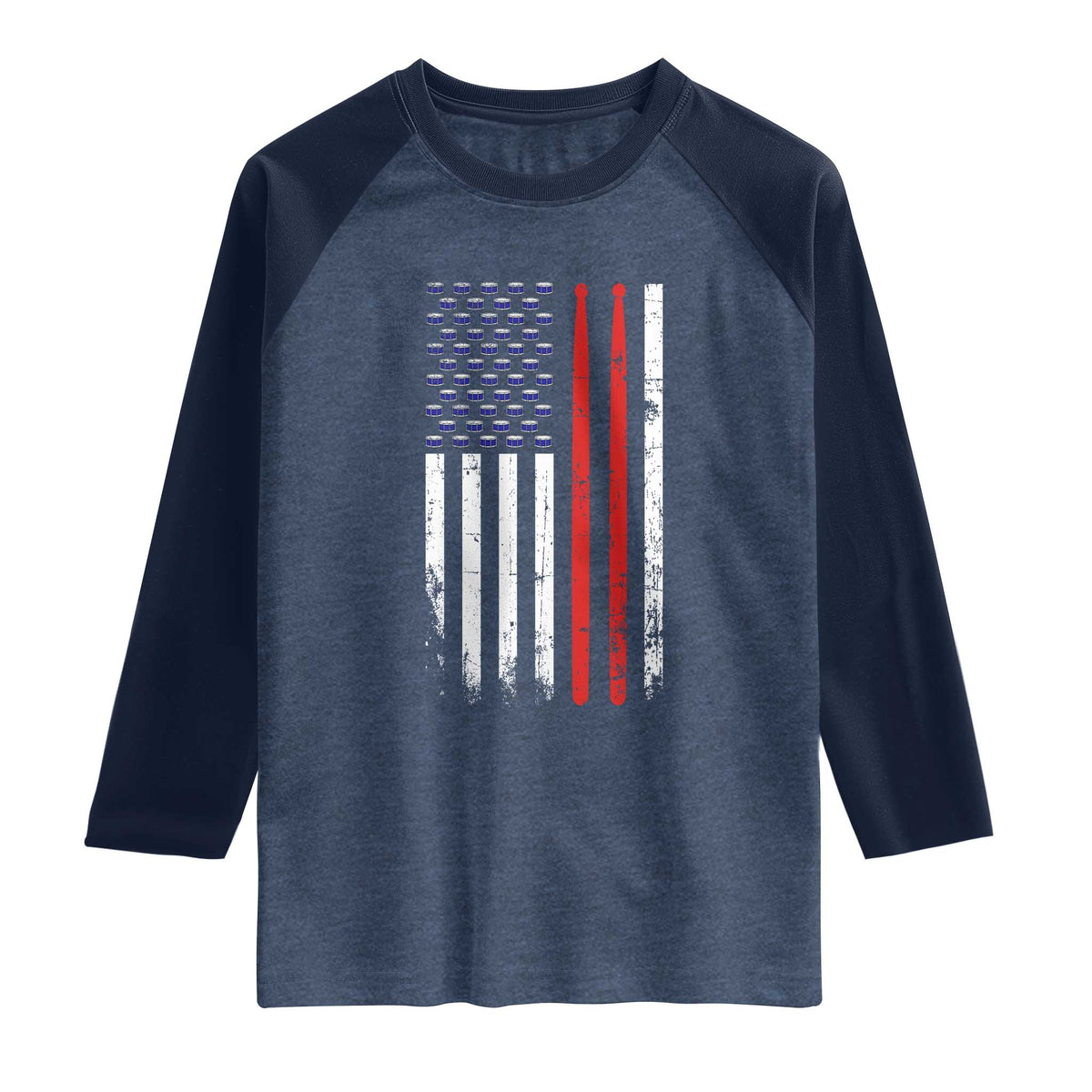 Patriotic Drummer Raglan Shirt Percussionist Gift Drumming Drumsticks American Flag TS10 Heather Denim Navy Print Your Wear