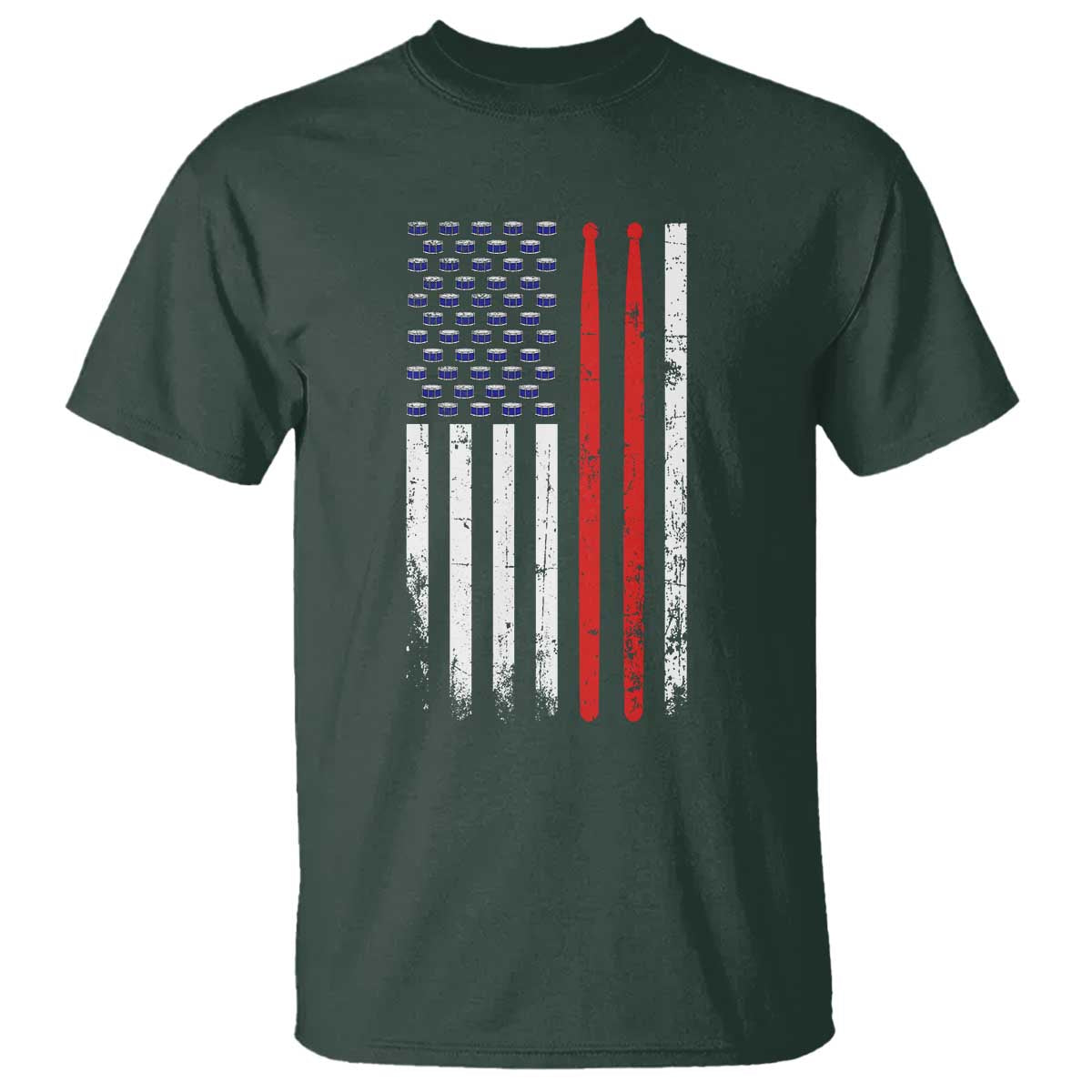 Patriotic Drummer T Shirt Percussionist Gift Drumming Drumsticks American Flag TS10 Dark Forest Green Print Your Wear