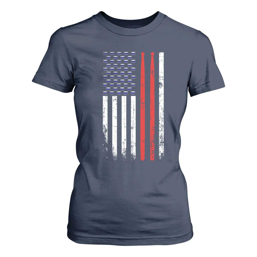 Patriotic Drummer T Shirt For Women Percussionist Gift Drumming Drumsticks American Flag TS10 Navy Print Your Wear