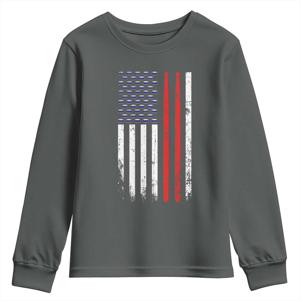 Patriotic Drummer Youth Sweatshirt Percussionist Gift Drumming Drumsticks American Flag TS10 Dark Heather Print Your Wear
