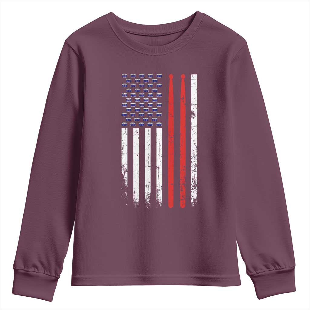 Patriotic Drummer Youth Sweatshirt Percussionist Gift Drumming Drumsticks American Flag TS10 Maroon Print Your Wear