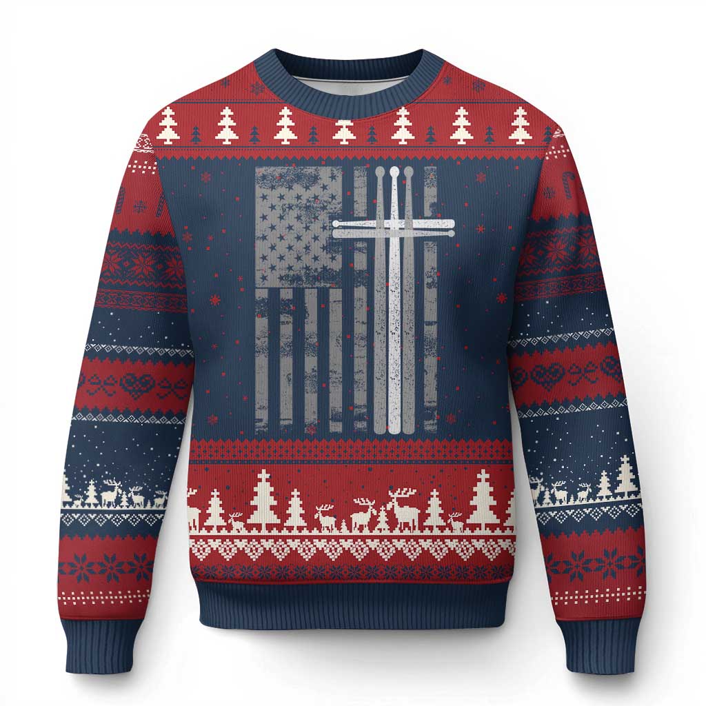 Christian Drummer Ugly Christmas Sweater American Flag Drumsticks Religious Faith Cross Patriotic TS10 Navy Red Print Your Wear