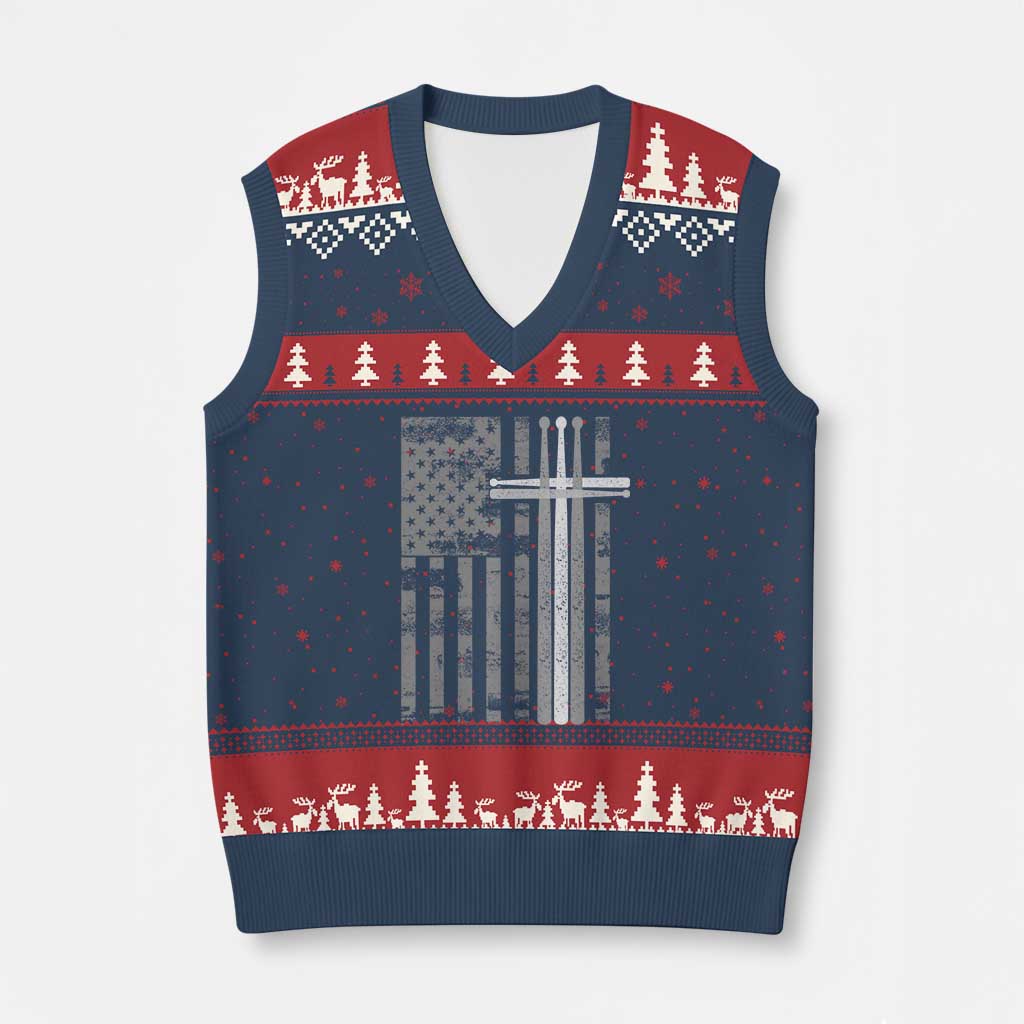 Christian Drummer V-Neck Knit Sweater Vest American Flag Drumsticks Religious Faith Cross Patriotic TS10 Navy Red Print Your Wear