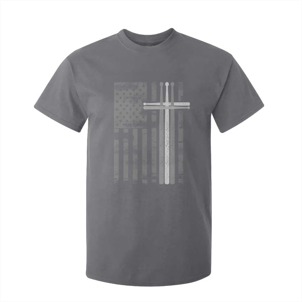 Christian Drummer T Shirt For Kid American Flag Drumsticks Religious Faith Cross Patriotic TS10 Charcoal Print Your Wear