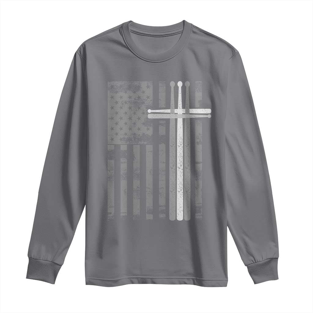 Christian Drummer Long Sleeve Shirt American Flag Drumsticks Religious Faith Cross Patriotic TS10 Charcoal Print Your Wear