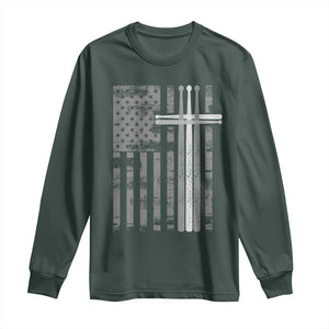 Christian Drummer Long Sleeve Shirt American Flag Drumsticks Religious Faith Cross Patriotic TS10 Dark Forest Green Print Your Wear