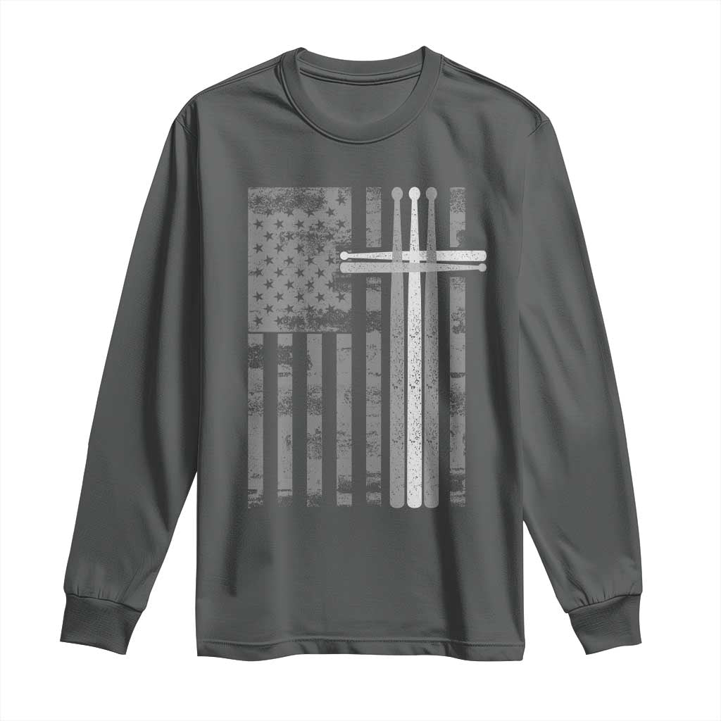 Christian Drummer Long Sleeve Shirt American Flag Drumsticks Religious Faith Cross Patriotic TS10 Dark Heather Print Your Wear