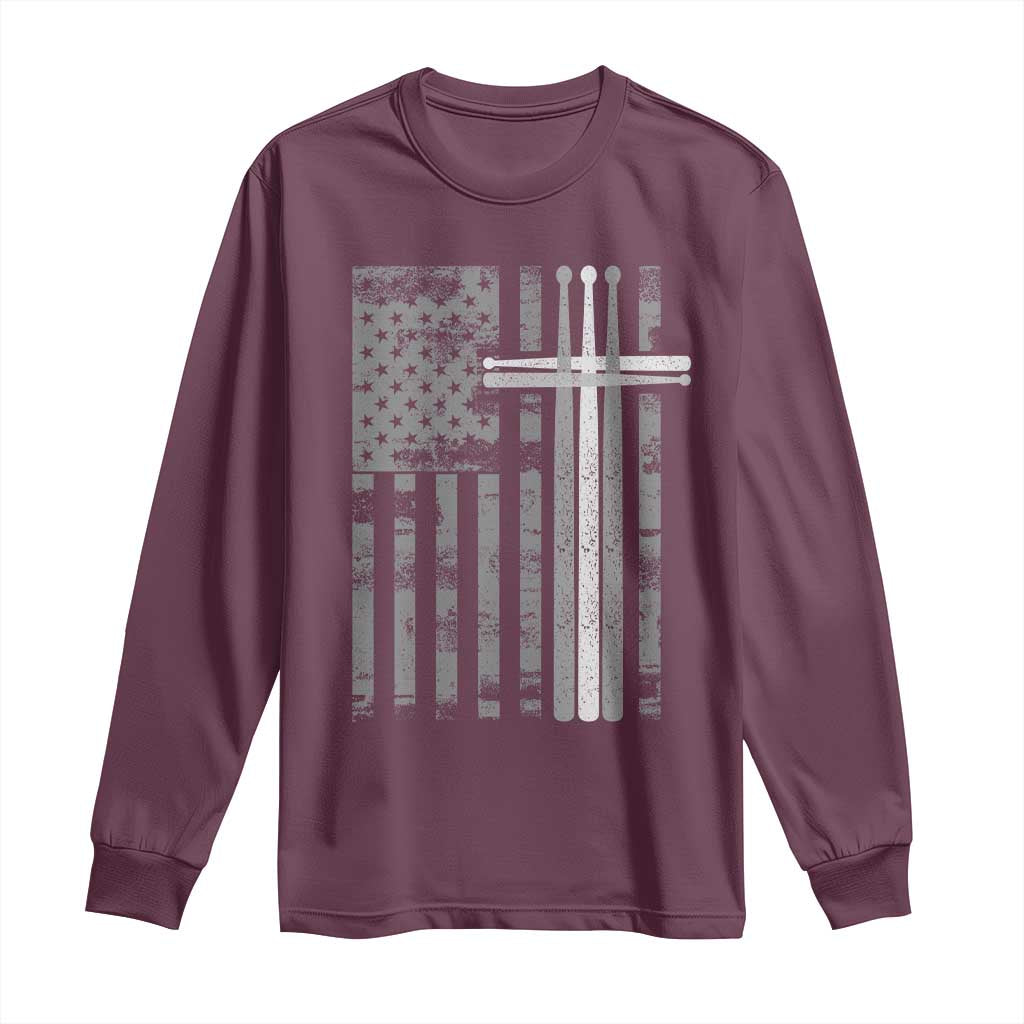 Christian Drummer Long Sleeve Shirt American Flag Drumsticks Religious Faith Cross Patriotic TS10 Maroon Print Your Wear