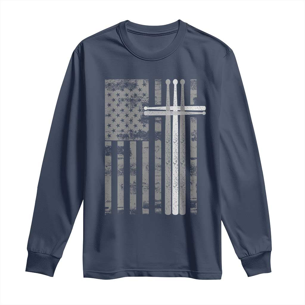 Christian Drummer Long Sleeve Shirt American Flag Drumsticks Religious Faith Cross Patriotic TS10 Navy Print Your Wear