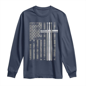 Christian Drummer Long Sleeve Shirt American Flag Drumsticks Religious Faith Cross Patriotic TS10 Navy Print Your Wear