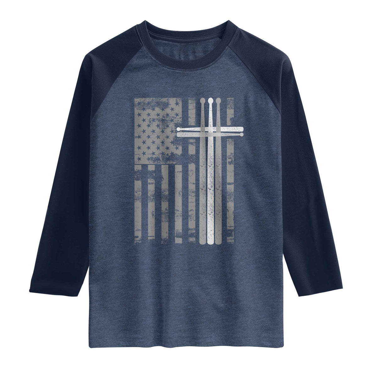 Christian Drummer Raglan Shirt American Flag Drumsticks Religious Faith Cross Patriotic TS10 Heather Denim Navy Print Your Wear
