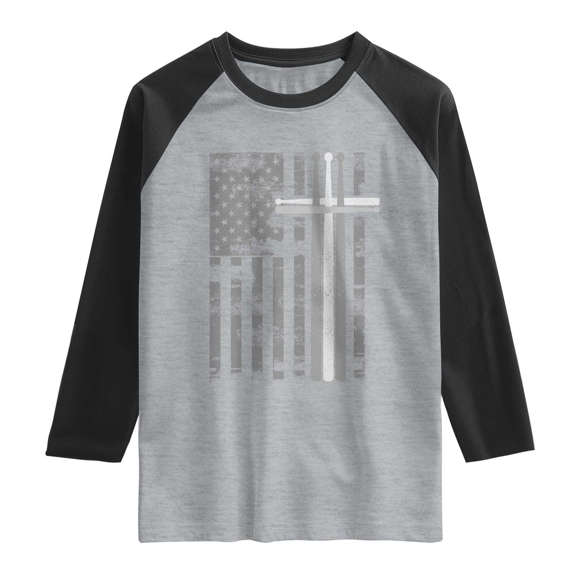 Christian Drummer Raglan Shirt American Flag Drumsticks Religious Faith Cross Patriotic TS10 Heather Gray Black Print Your Wear