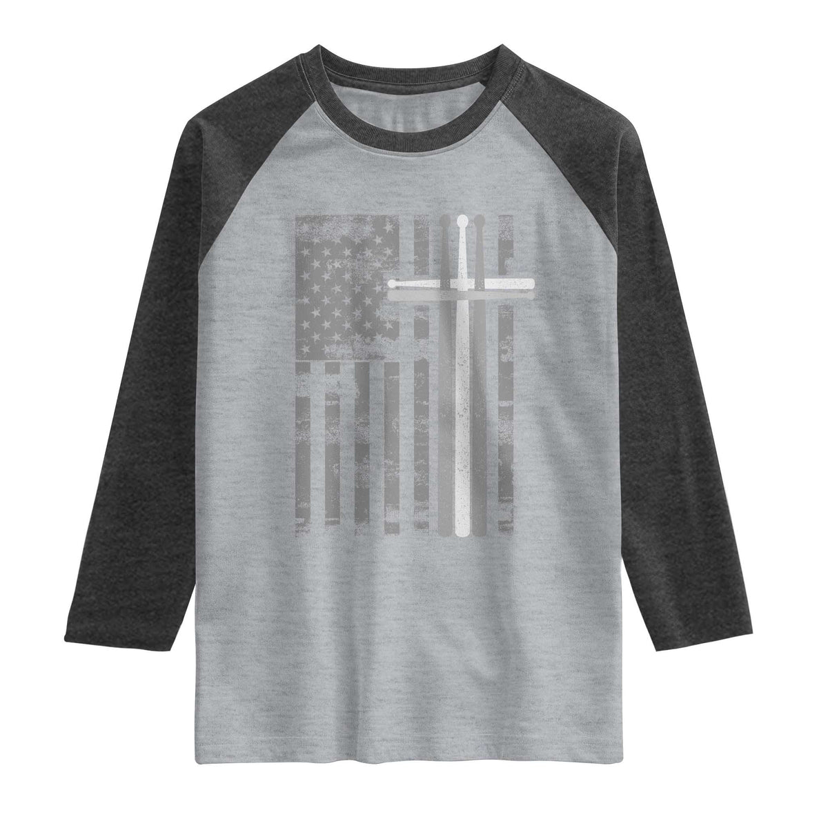 Christian Drummer Raglan Shirt American Flag Drumsticks Religious Faith Cross Patriotic TS10 Heather Gray Heather Charcoal Print Your Wear
