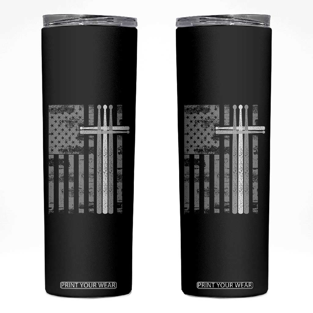Christian Drummer Skinny Tumbler American Flag Drumsticks Religious Faith Cross Patriotic TS10 Black Print Your Wear